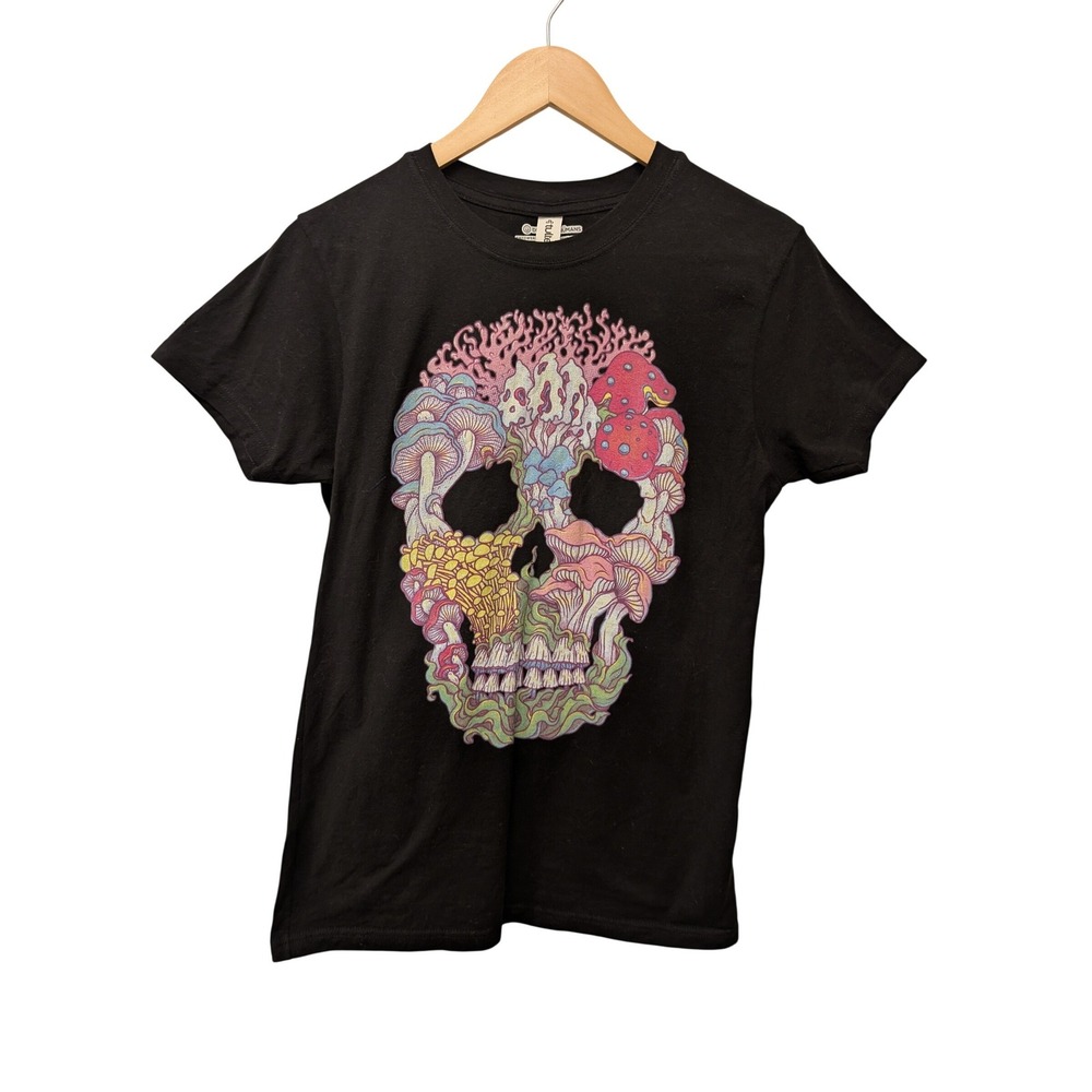 Design By Humans Women's XL Mushroom Skull Graphic T-Shirt Grunge Edgy Trippy